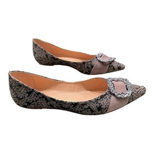 Luiza Barcelos Balletcore Brocade Flats Silver Buckle Pointed Toe | Size 6